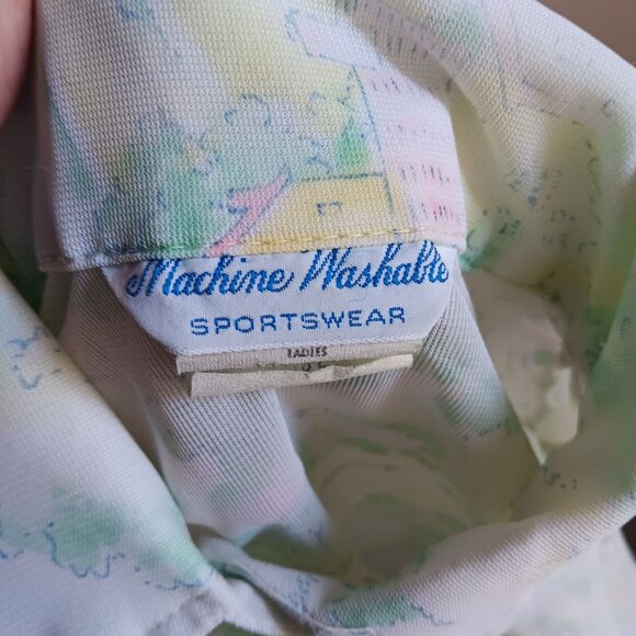 Small 32 Vintage 70's Sheer Nylon Disco Shirt Blouse Scenic Country Print Green - Picture 3 of 10